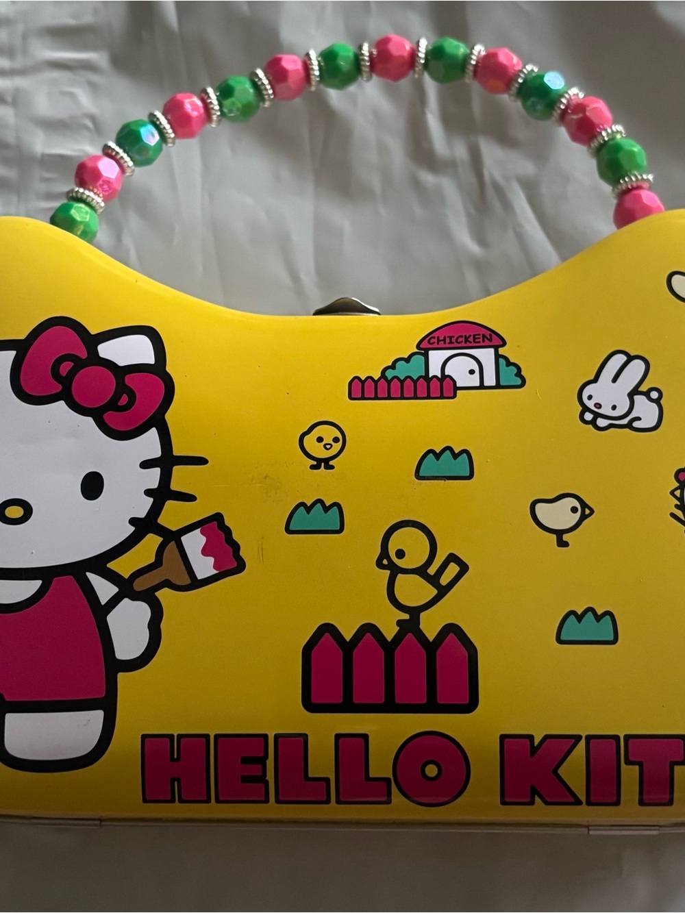 Hello Kitty Yellow Carry Case with Pink and Green Beaded Handle